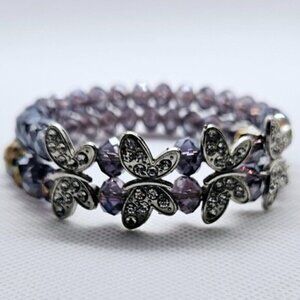 Butterfly Pavé Purple Crystal Stretch Bracelet Silver Tone Jewelry